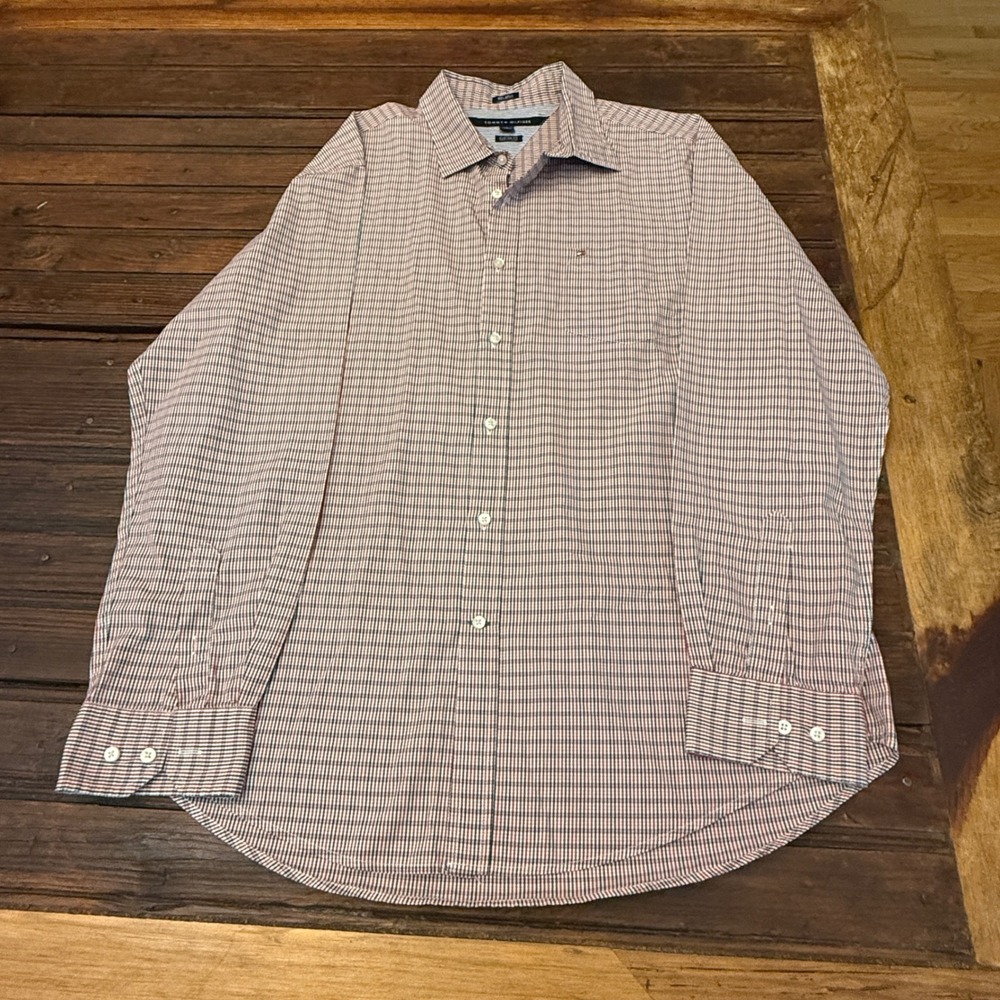 Tommy Hilfiger Mens XL Custom Fit Tattersall Check Shirt Red White Blue 80s 2Ply - Picture 2 of 8